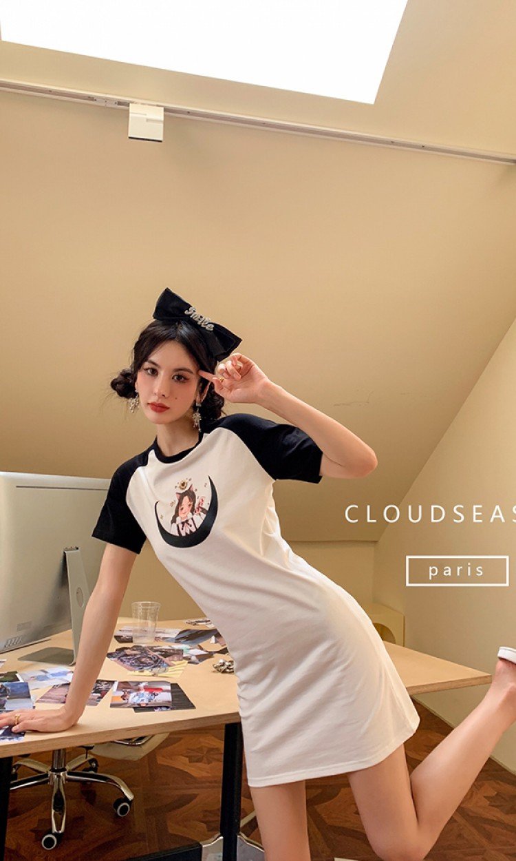 【CLOUD SEASON】CCS21180基础感收腰T恤裙女中长款时尚甜美夏新款（中国仓）