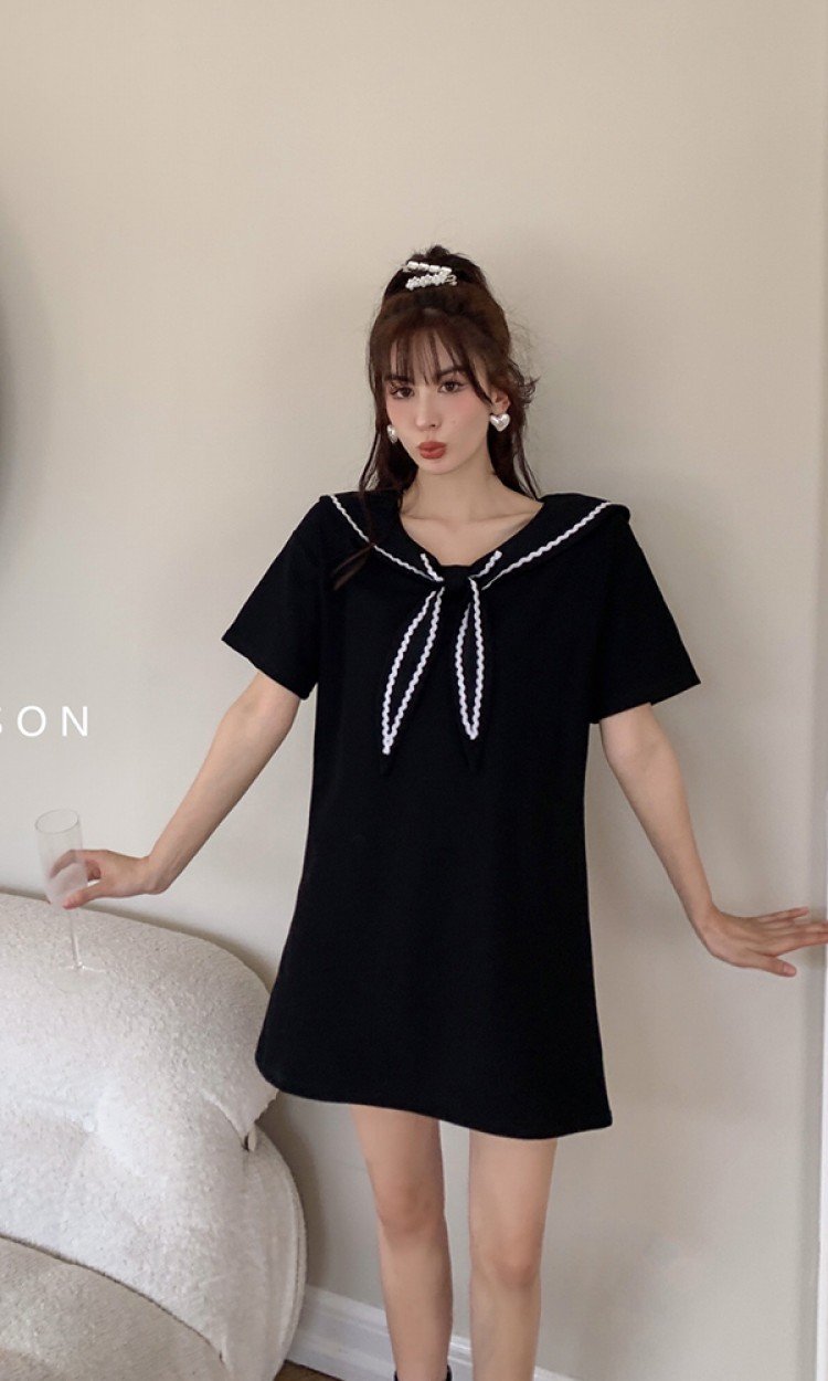 【CLOUD SEASON】CCS21201海军领学院T恤裙设计感夏季宽松直筒连衣裙（中国仓）
