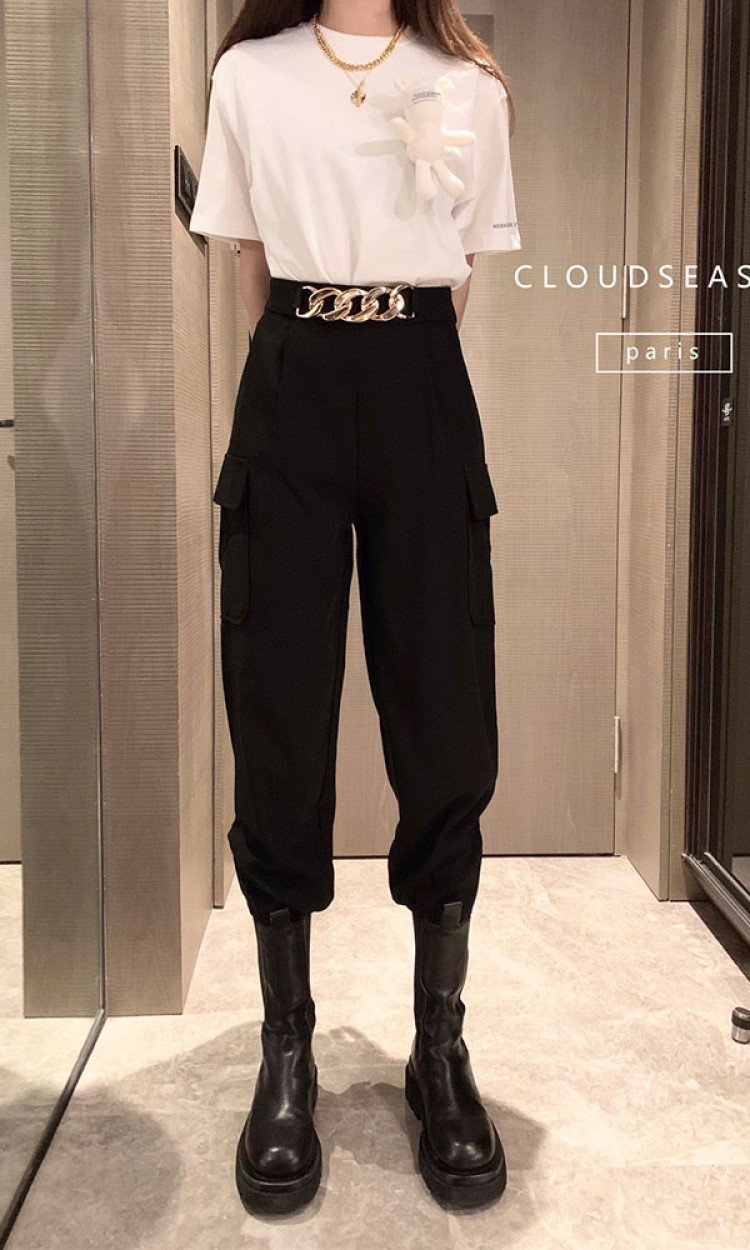 【CLOUD SEASON】CKZ21027欧美链条工装裤韩版高腰束脚（中国仓）