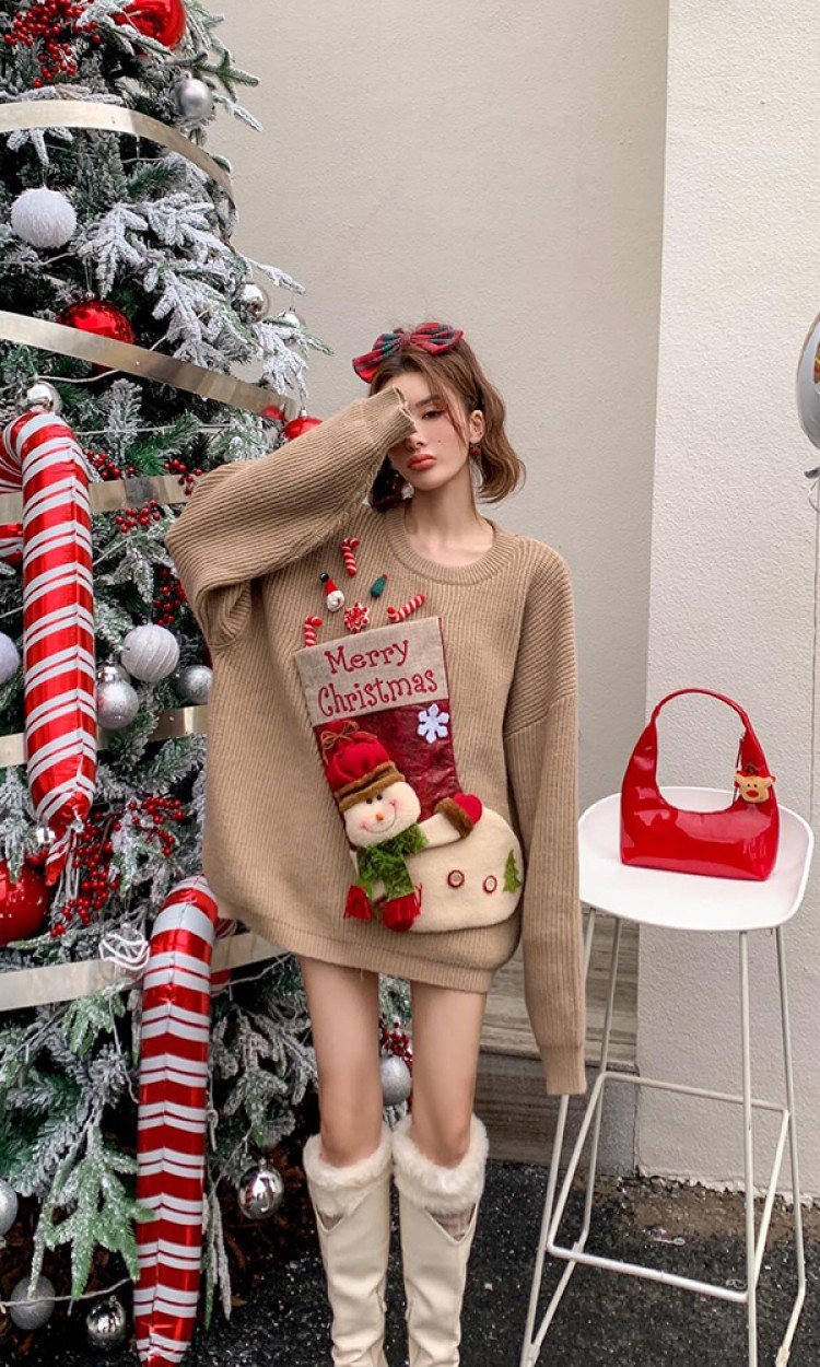 【CLOUD SEASON】CMY21442圣诞限量袜子毛衣冬季新款女设计感小众慵懒风加厚针织（中国仓）