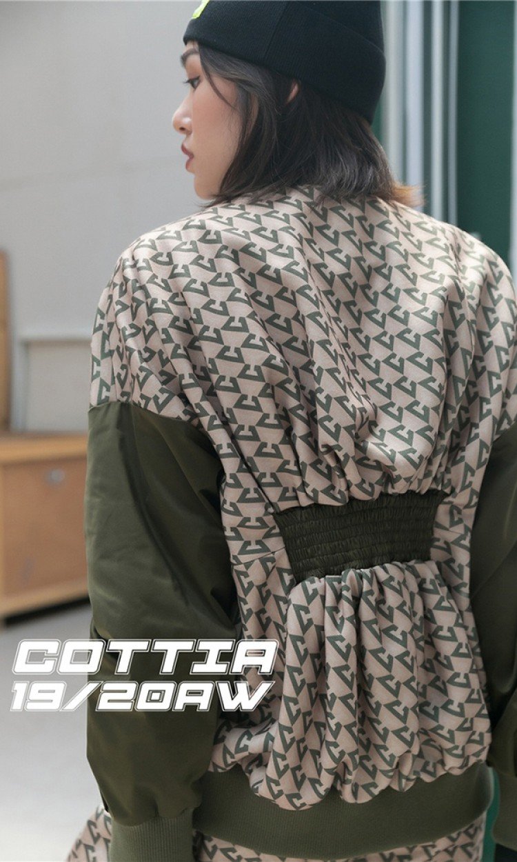 【COTTIA】C19FW43军绿拼接印花休闲外套棒球夹克女秋冬新款（中国仓）