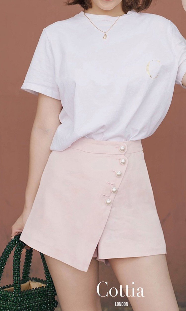 【COTTIA】C19K33粉色珍珠裤裙不规则气质直筒短裤（中国仓）