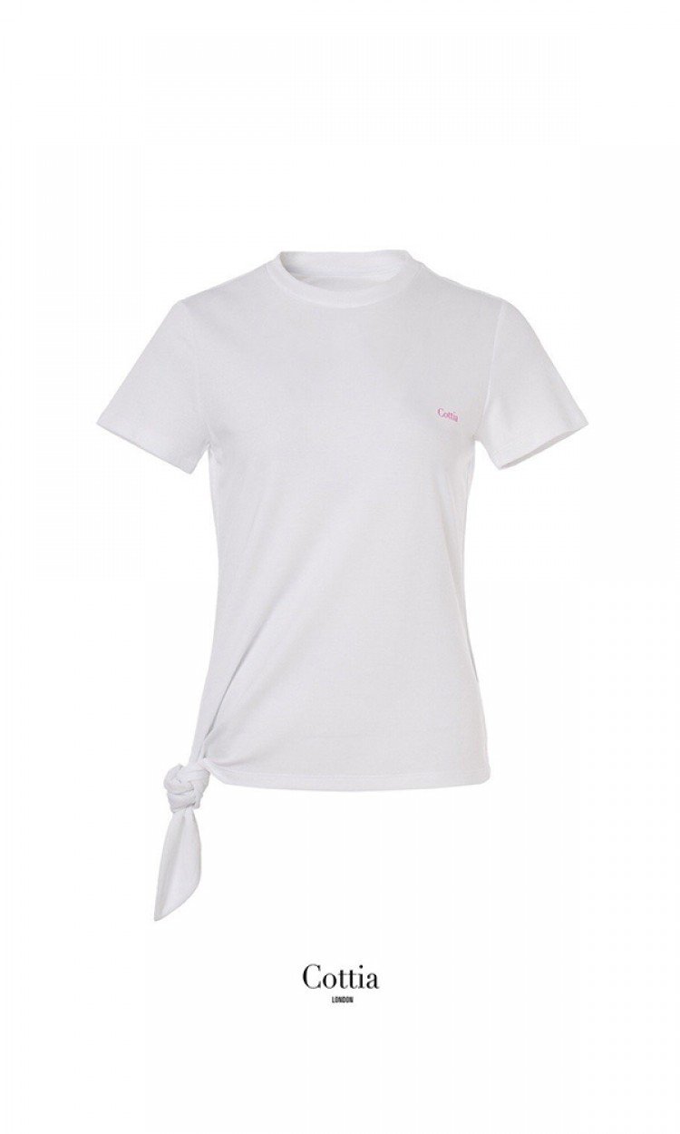 【COTTIA】C19S55绑带T恤上衣圆领短袖白色（中国仓）