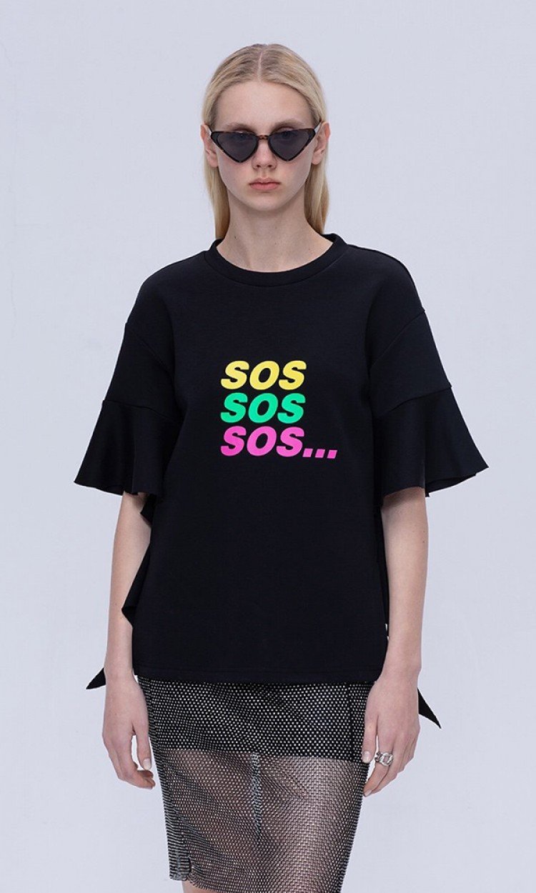 【COTTIA】C19S84宽松荷叶袖设计感上衣SOS短T恤黑色（中国仓）