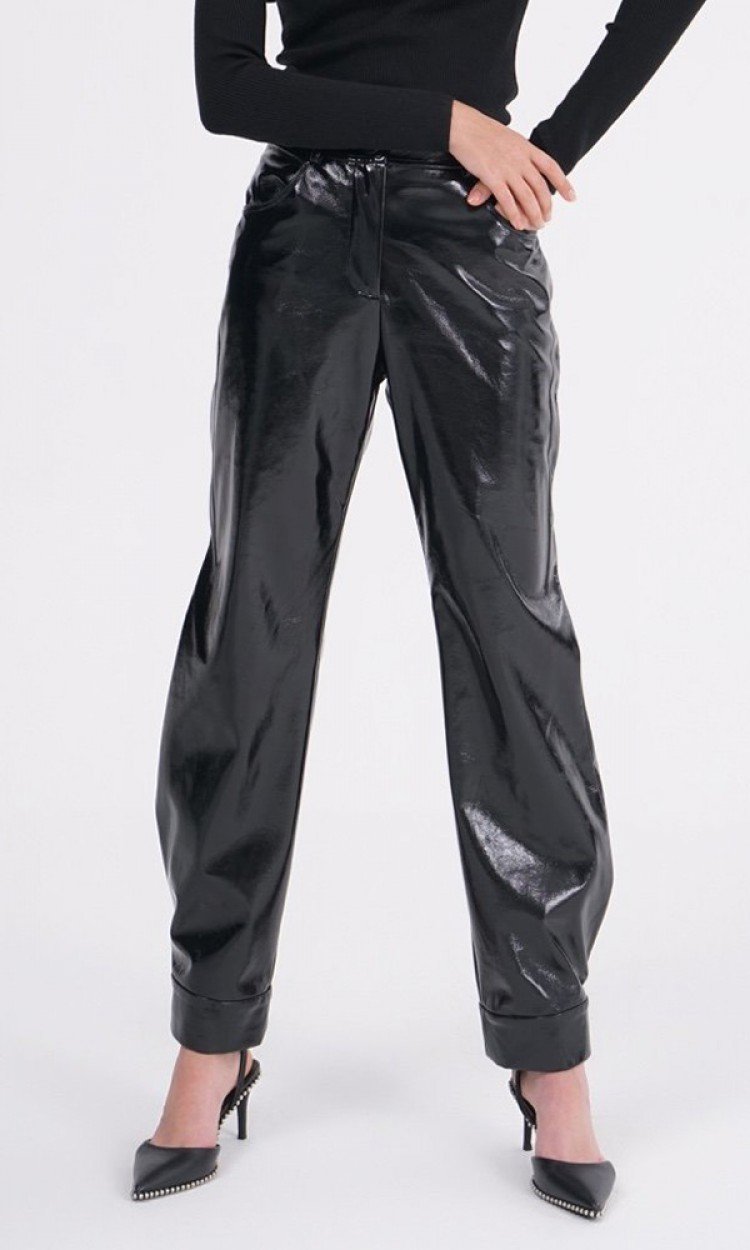 【COTTIA】C20FK10黑色直筒长皮裤简约气质高腰休闲裤黑色（中国仓）