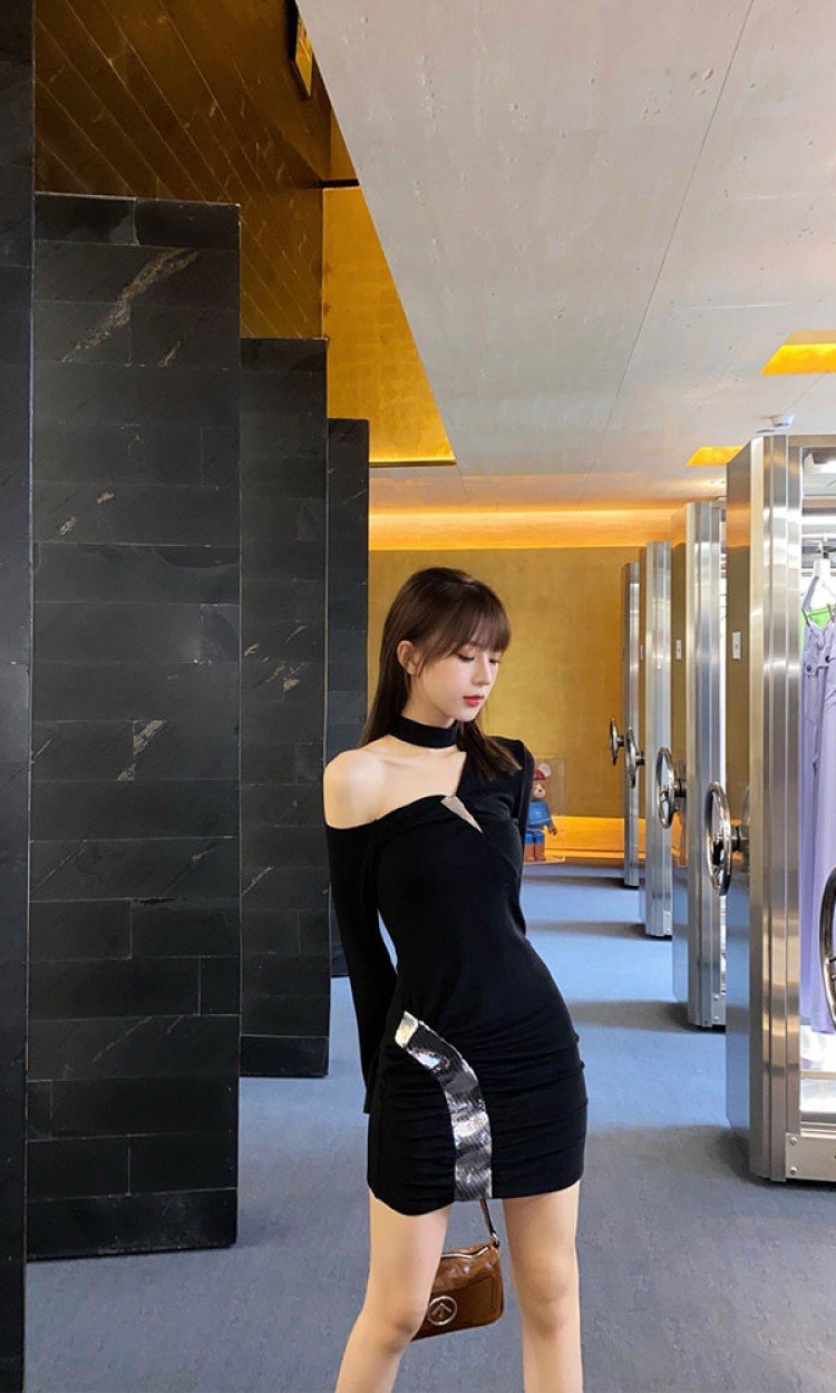 【COTTIA】C20FL25秋季新款设计感小众黑色修身挖空连衣裙优雅性感显瘦黑色（中国仓）