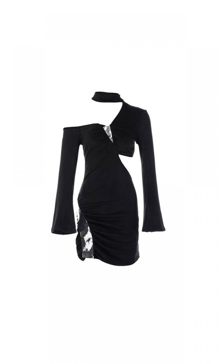【COTTIA】C20FL25秋季新款设计感小众黑色修身挖空连衣裙优雅性感显瘦黑色（中国仓）