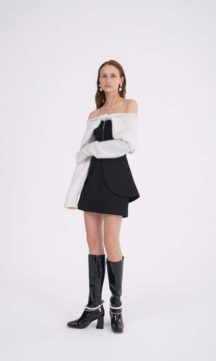【COTTIA】C20FL31设计款高收腰显瘦黑白撞色毛织裙长袖秋季女保暖（中国仓）