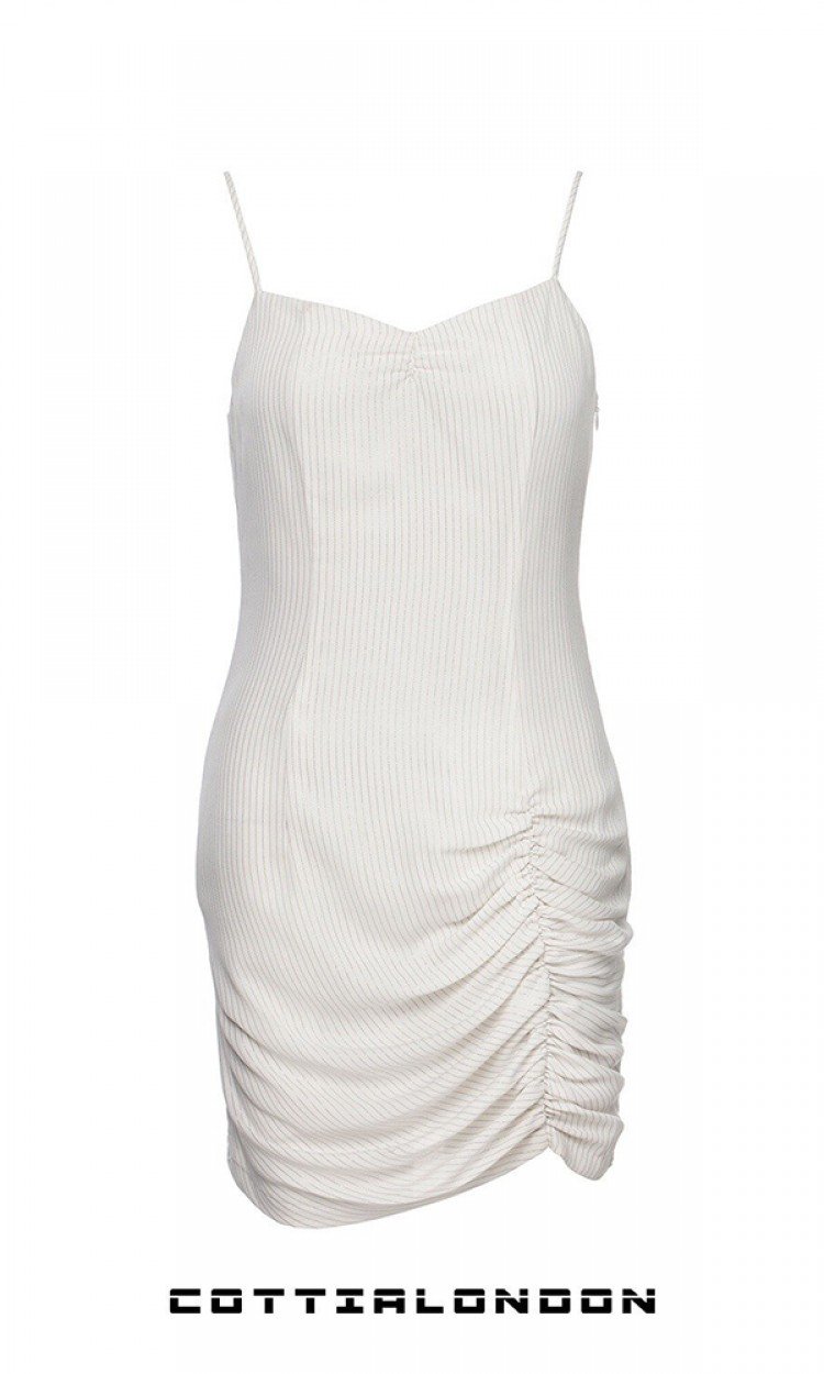 【COTTIA】C20SL37银葱吊带褶皱连衣裙新款时尚性感白色（中国仓）
