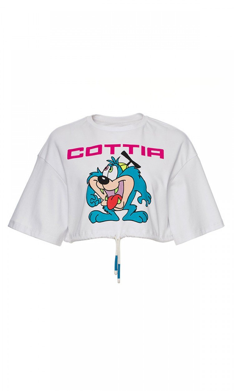 【COTTIA】C20SS74Cottia卡通印花抽绳T恤宽松落肩短袖短款上衣白色（中国仓）