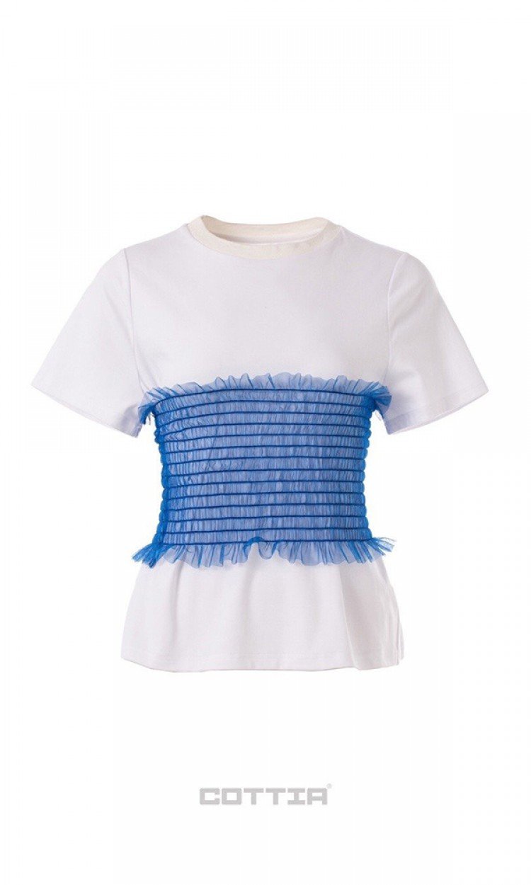 【COTTIA】C20SS95夏季新款时尚显瘦收腰网纱拼接蓝色褶皱收身白TeeT恤（中国仓）