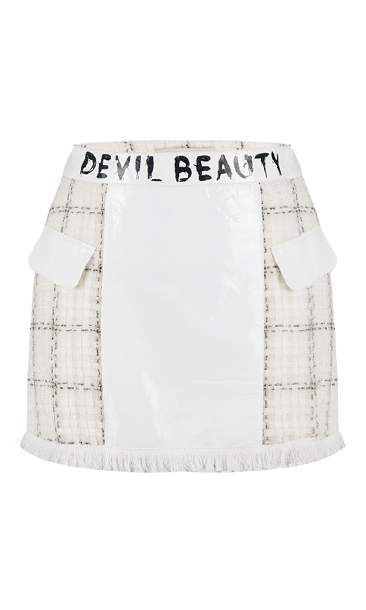 【DEVIL BEAUTY】DB18AW-SK024WH白色雅典格粗花呢拼接漆皮半裙（中国仓）