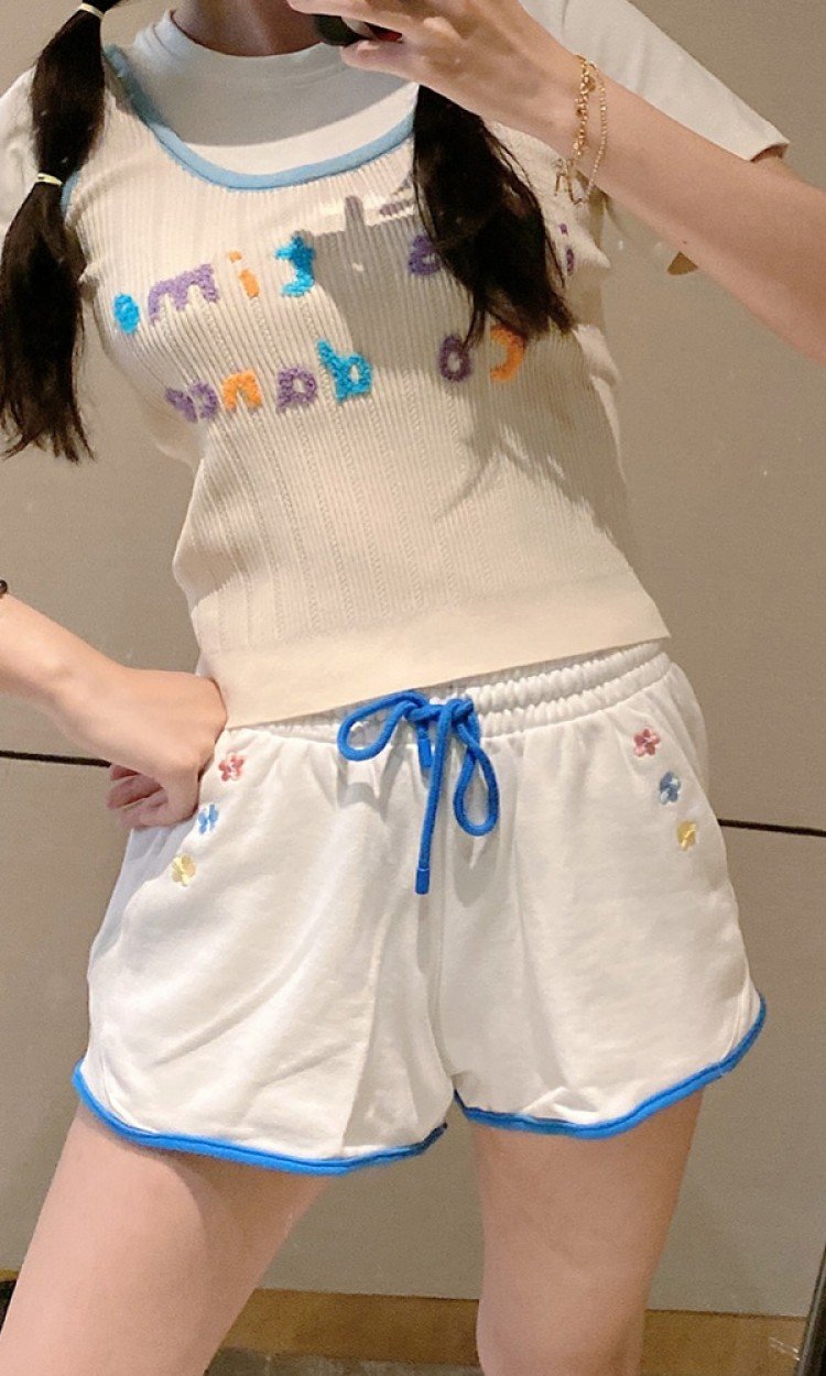 【HERLIAN】HL091S20SS新款刺绣小花朵休闲运动抽绳短裤（中国仓）
