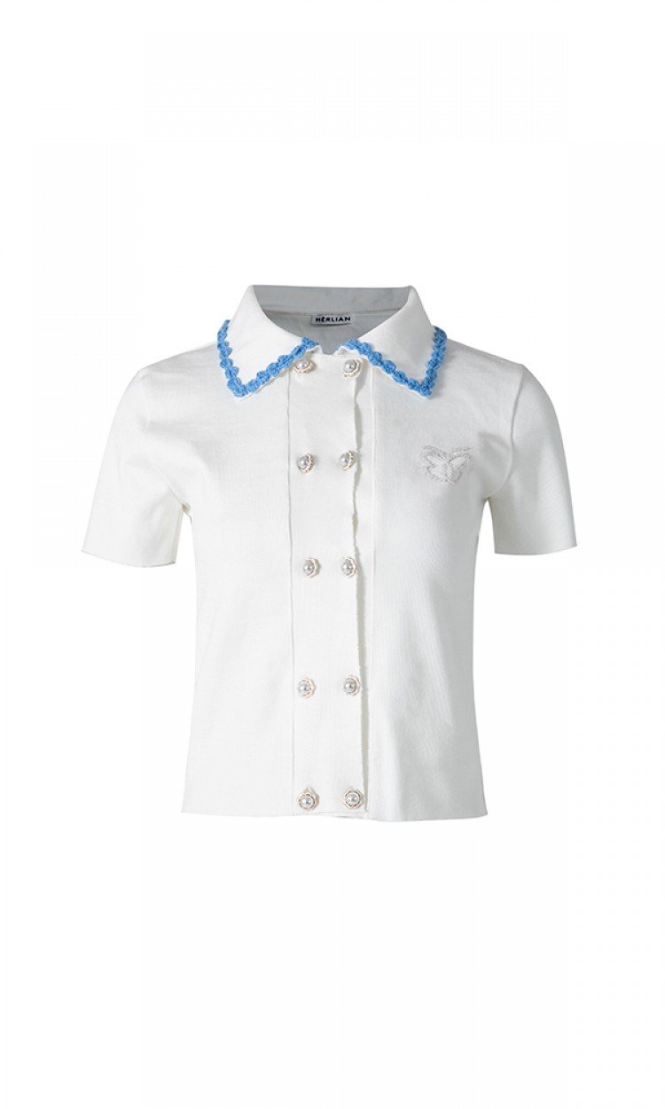 【HERLIAN】HL166S20SS新款水钻蝴蝶双排珍珠纽扣翻领气质Polo短袖T恤（中国仓）