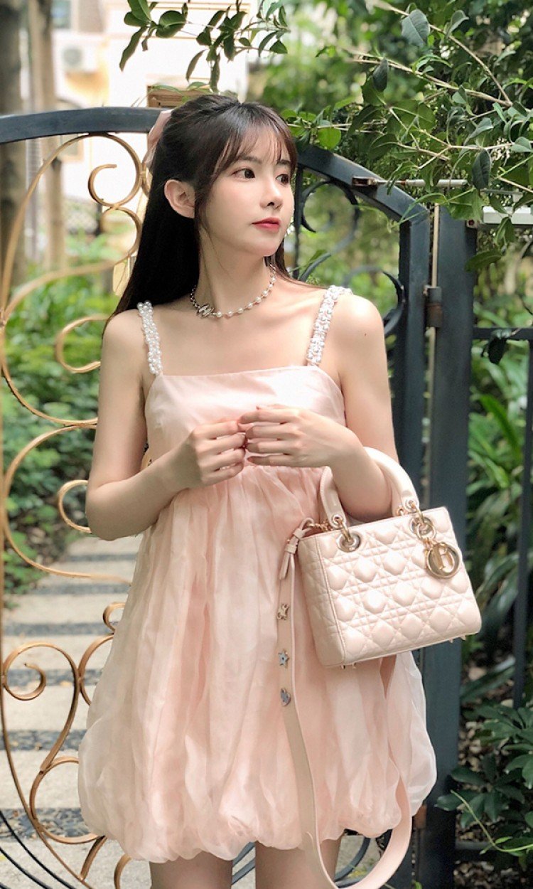 【HERLIAN】HL2084S05粉色甜美俏皮珍珠吊带裙连衣裙桑蚕丝蓬蓬裙（中国仓）
