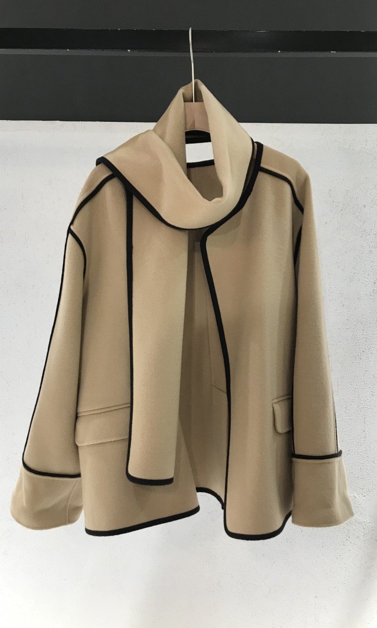 【HGSMN】N22011围巾款织带边100%羊毛大衣（中国仓）