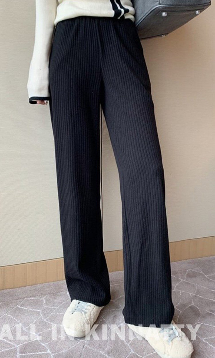 【KINNATTY】K200377兔绒条纹针织垂感阔腿裤宽松舒适（中国仓）