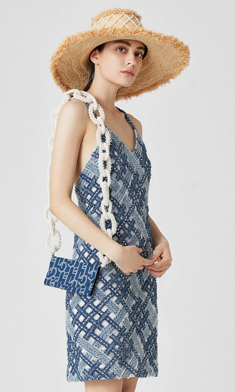 【LAURENCE&CHICO】20SSC5001夏季新款手工编织珍珠吊带显瘦连衣裙浅蓝（中国仓）