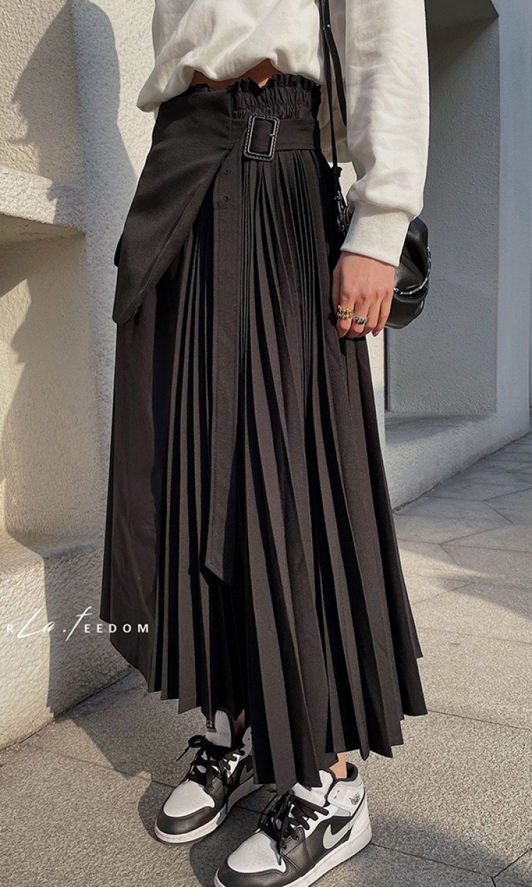 【LA FREEDOM】210131设计师腰封不规则百褶裙中长款半身裙黑色均码（中国仓）