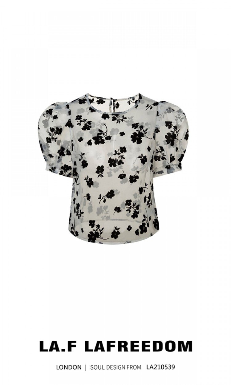 【LA FREEDOM】210539植绒黑色花朵马蹄袖上衣夏季透视泡泡袖T恤（中国仓）