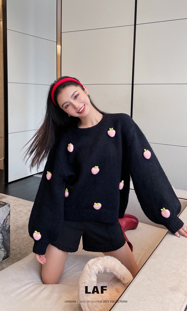 【LA FREEDOM】211114甜美颗粒草莓套头毛衣针织衫圆领黑色短款女2021年新款（中国仓）