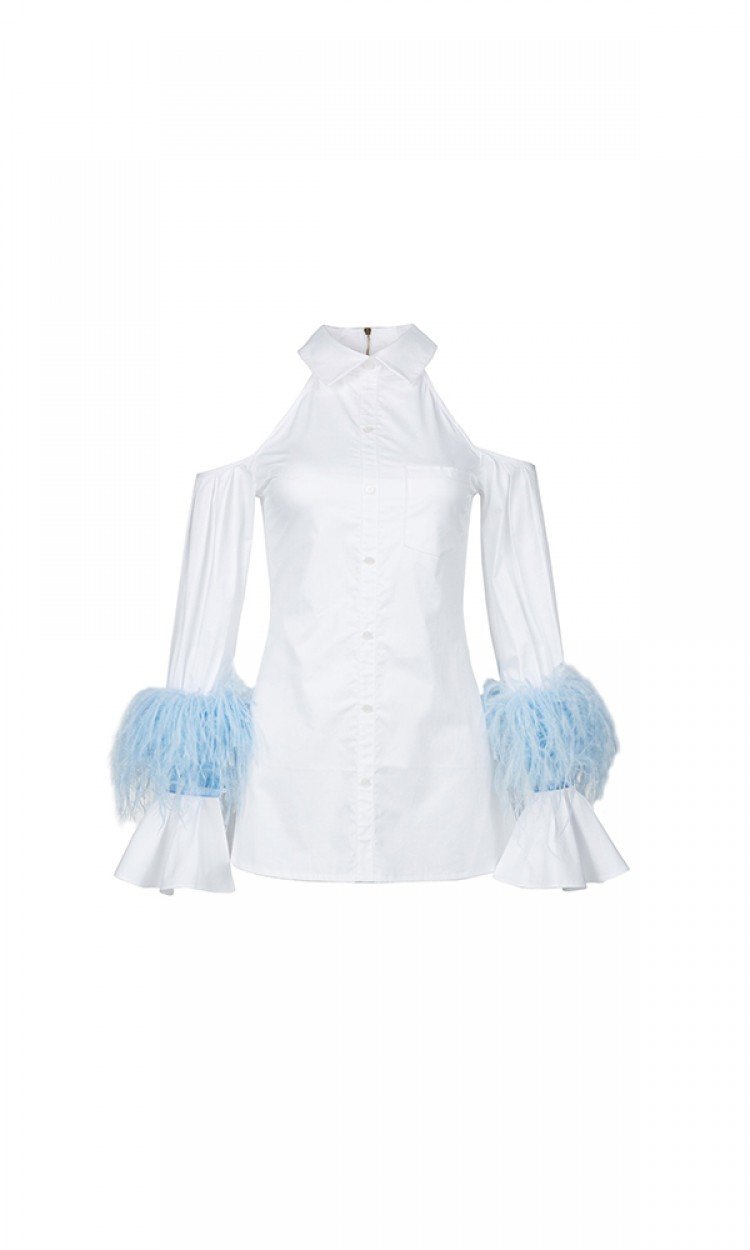 【MASION WESTER】MW207S22蓝色羽毛拼接喇叭袖衬衫裙白色露肩性感连衣裙（中国仓）