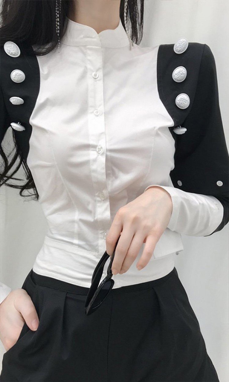 【MASION WESTER】MW207S49黑白钉扣半高领灯笼袖衬衫简约长袖撞色短衬衣（中国仓）