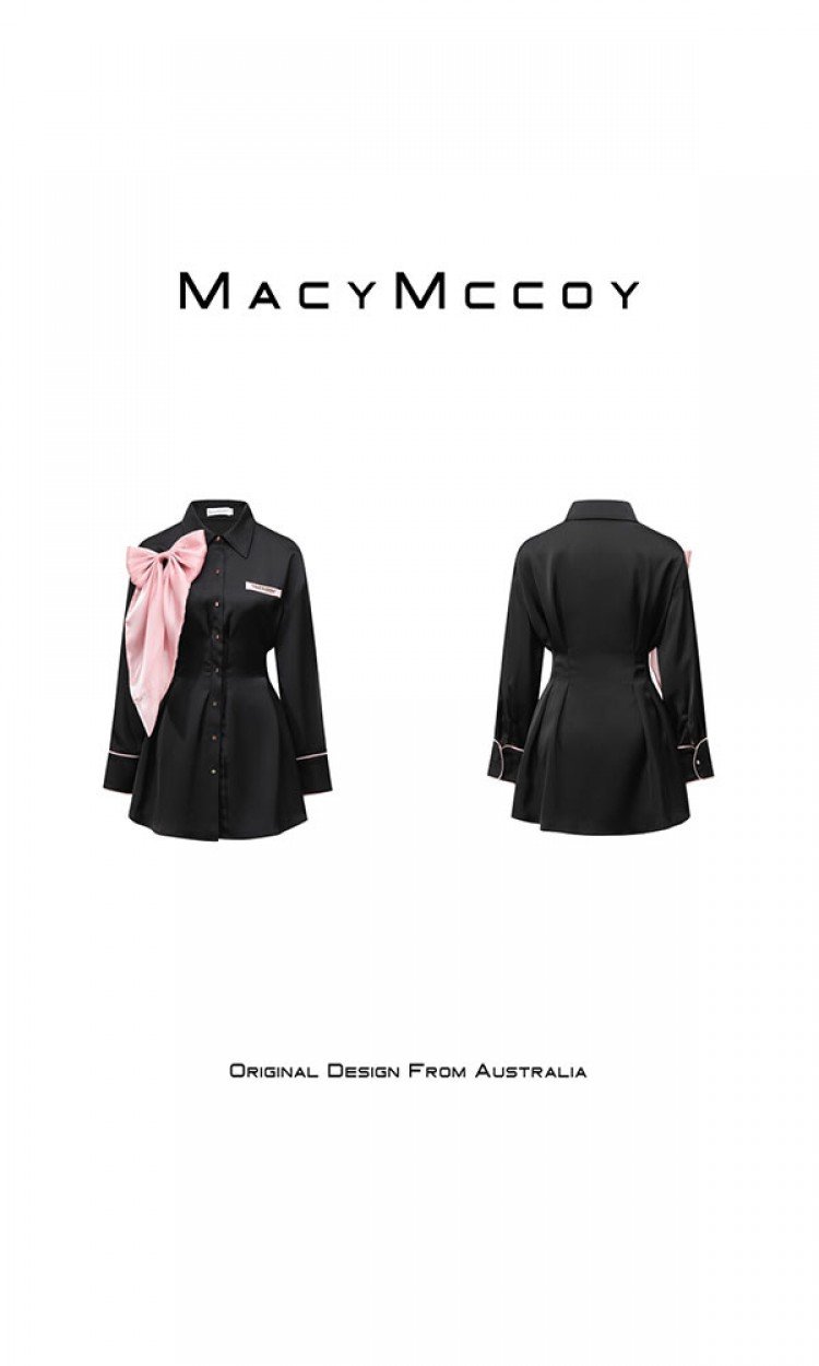 【MACY MCCOY】MMC2021298可拆卸蝴蝶结衬衫裙女2021年早秋新款气质收腰连衣裙子（中国仓）