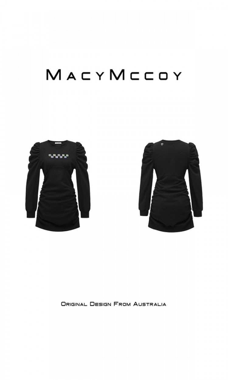 【MACY MCCOY】MMC2021355泡泡袖褶皱卫衣裙早秋新款设计感小众包臀裙子（中国仓）
