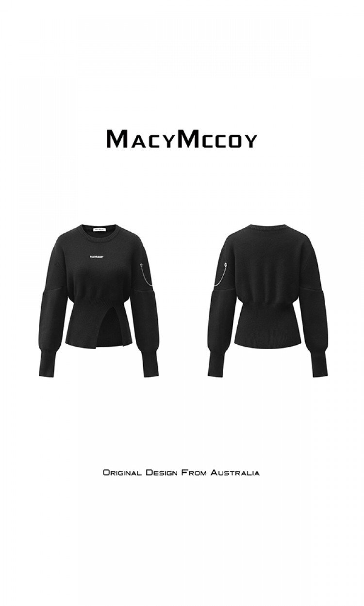 【MACY MCCOY】MMC2021461链条开衩毛衣女冬季必备款简约时髦小众设计感针织上衣（中国仓）