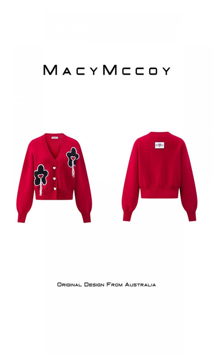 【MACY MCCOY】MMC2021488小花短款红色毛衣女早春新款宽松时尚俏皮减龄针织开衫（中国仓）