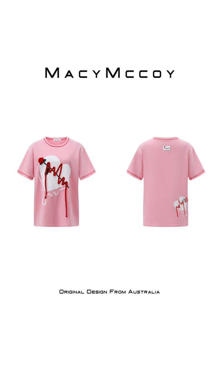 【MACY MCCOY】MMC2022001手工玫瑰限定T恤女春季新款敲可爱温柔甜美撞色爱心短袖（中国仓）