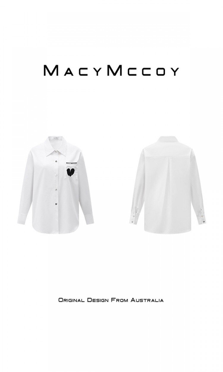 【MACY MCCOY】MMC2022014爱心刺绣衬衫女男友风帅气2022春夏设计感白色长袖上衣（中国仓）