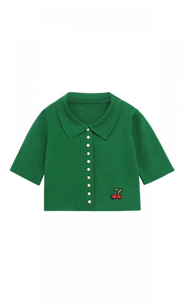 【PIKPAK】PP20SS-T009GN樱桃绿色短针织衫泫雅风刺绣系扣开衫均码（中国仓）