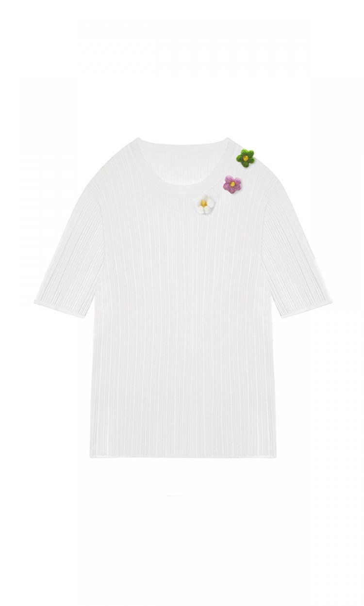 【PIKPAK】PP20SS-T013WT白色花朵冰丝针织衫中袖时尚泫雅风T恤均码（中国仓）