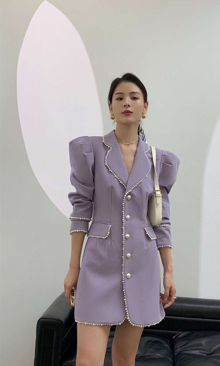 【RUMIA】RM200438气质款翻领紫色珍珠西装裙显瘦女时尚温柔（中国仓）