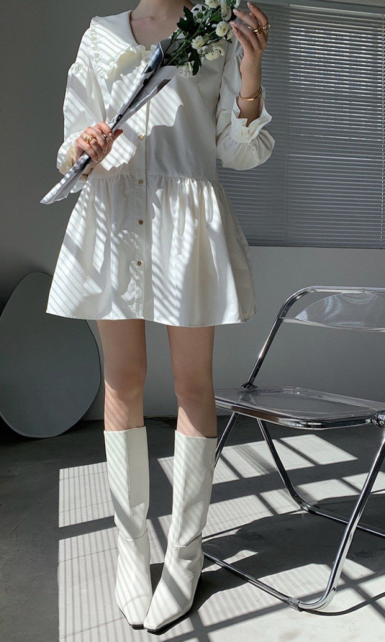 【RUMIA】RM200443秋季新款法式减龄娃娃领白色空气感连衣裙宽松显瘦（中国仓）