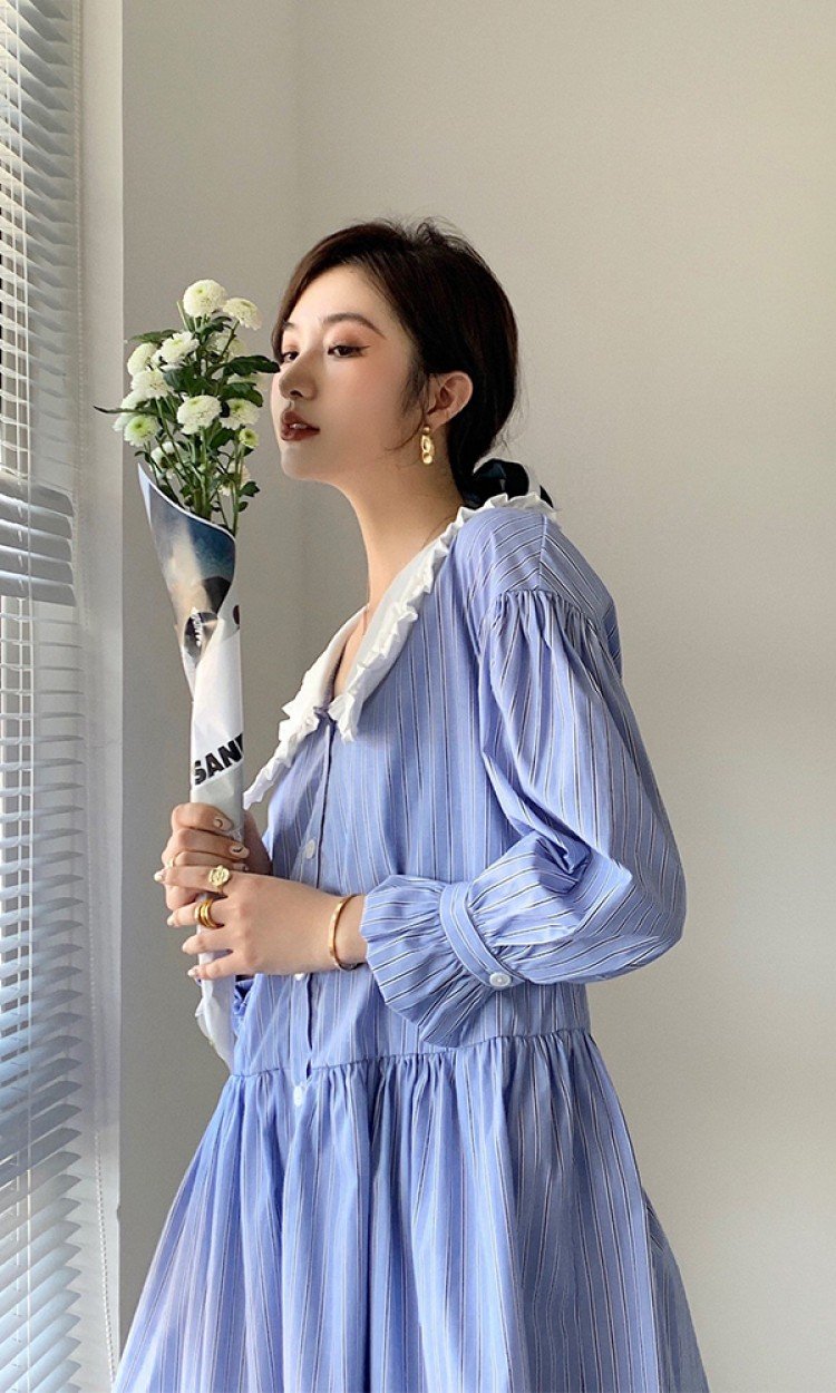【RUMIA】RM200444新款韩版百搭蓝色条纹空气感衬衫裙长袖翻领可爱甜美减龄（中国仓）
