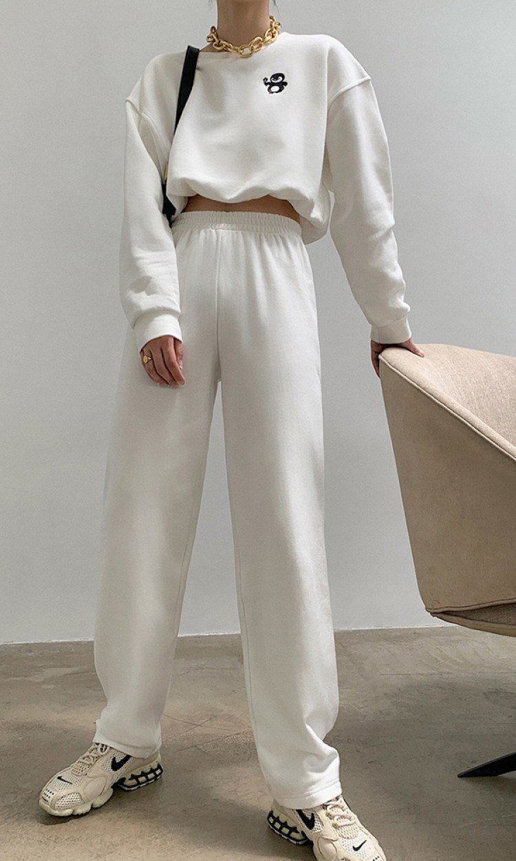【RUMIA】RM200448气质简约可爱白色企鹅卫衣套装高腰休闲裤两件套（中国仓）