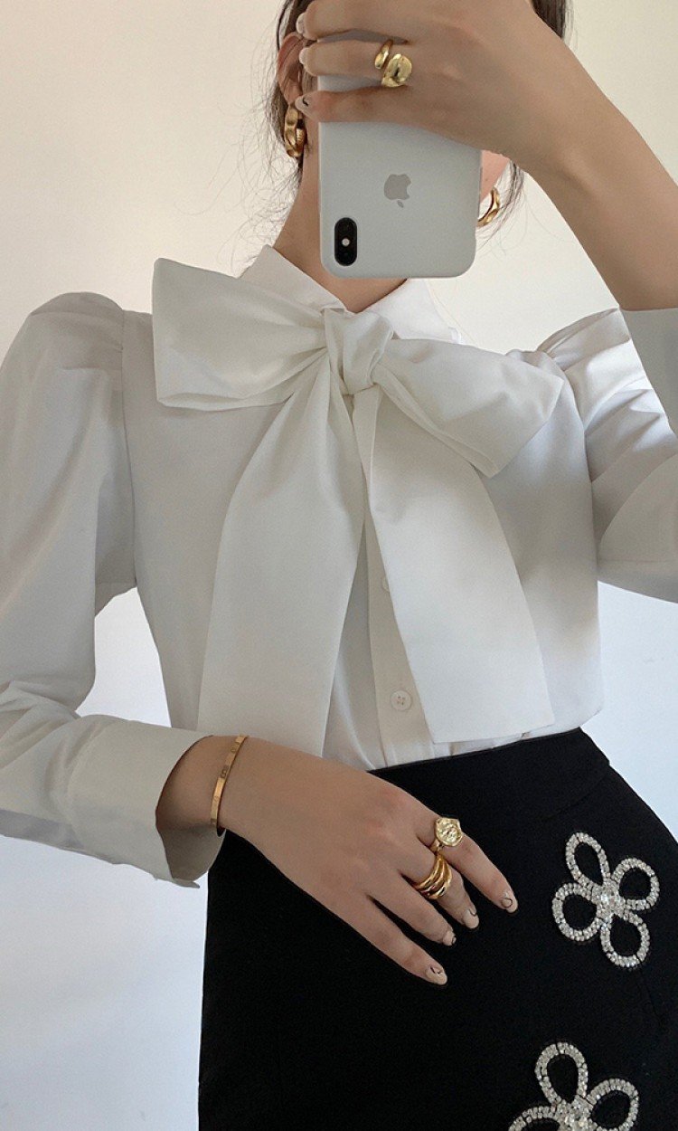 【RUMIA】RM200457白色蝴蝶结衬衫可拆卸法式泡泡袖时尚洋气甜美衬衣（中国仓）