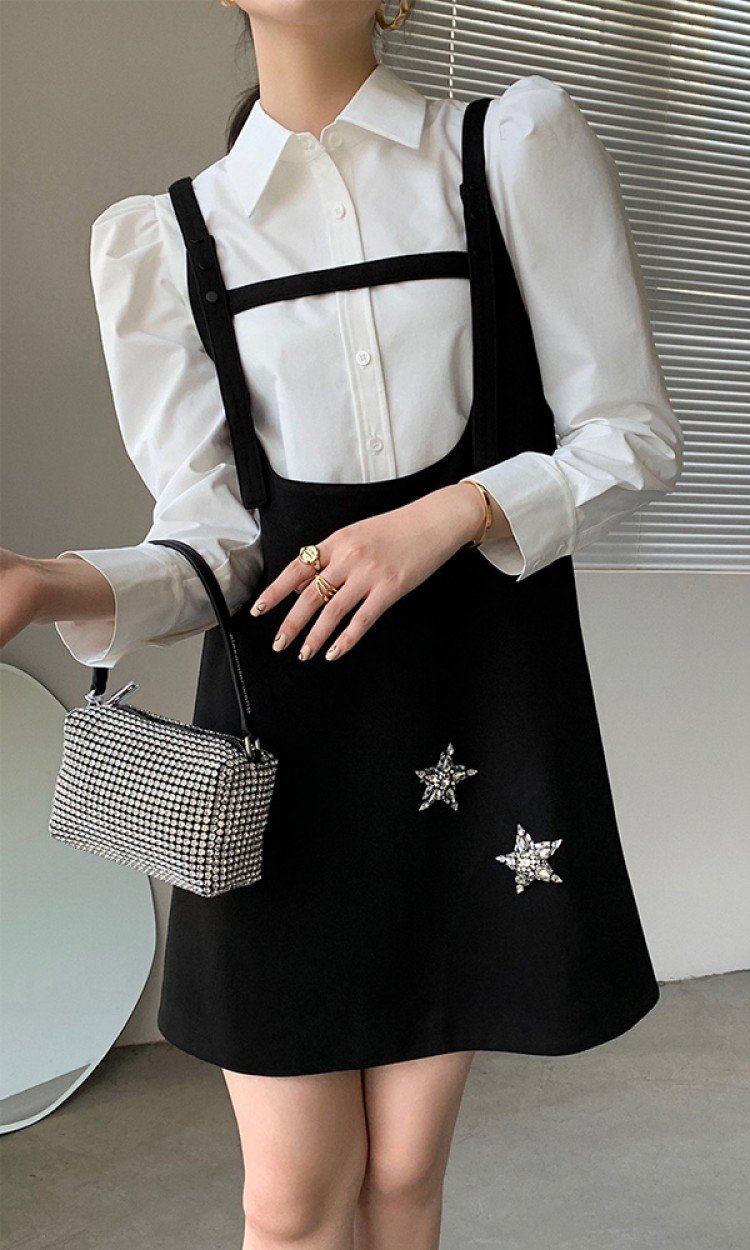 【RUMIA】RM200458女韩版时尚洋气显瘦吊带裙子黑色水钻星星背带裙（中国仓）