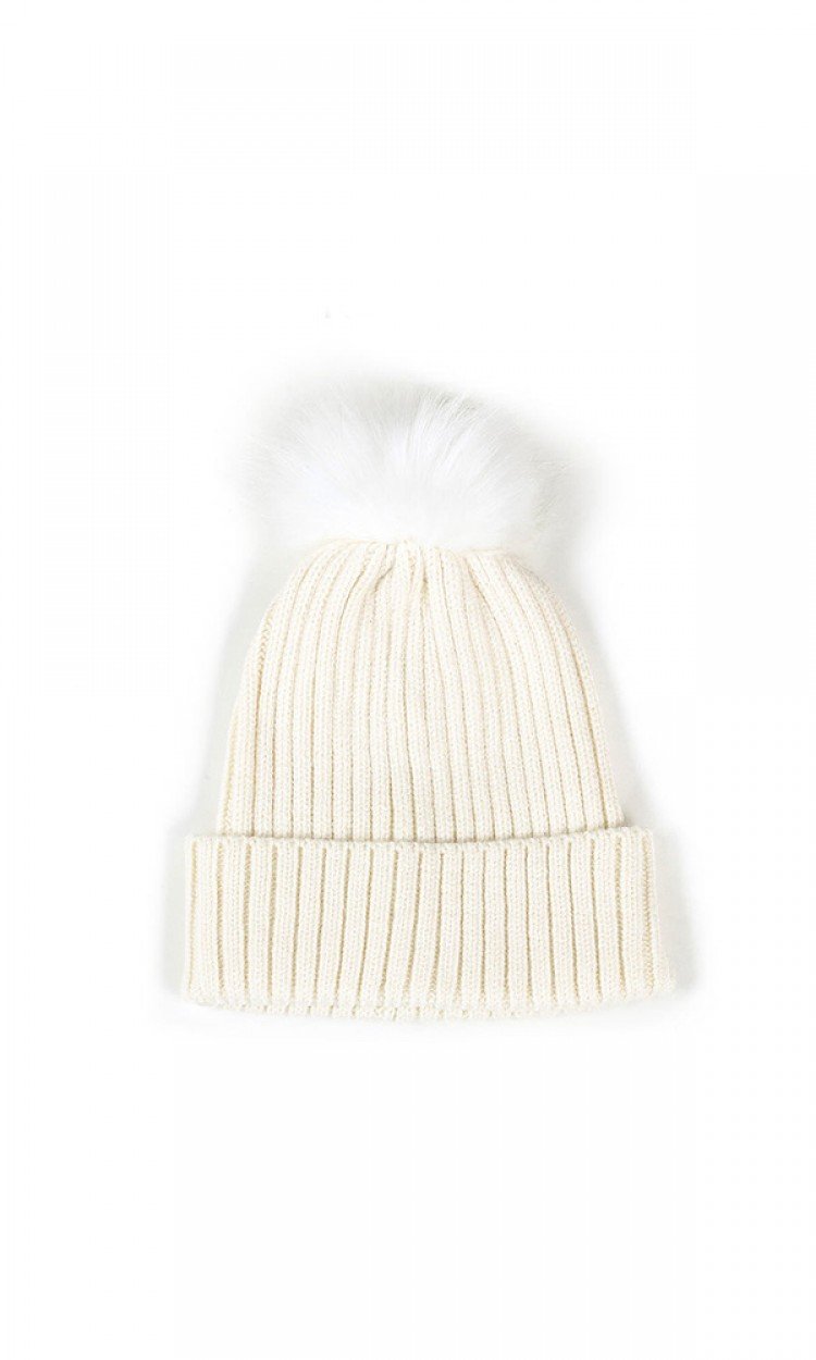 【EVER】TAA021条纹线帽蓬松毛球保暖舒适白色均码（中国仓）