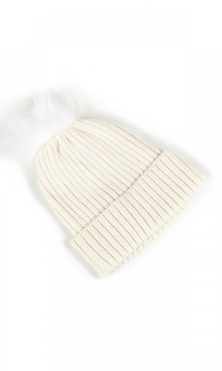 【EVER】TAA021条纹线帽蓬松毛球保暖舒适白色均码（中国仓）