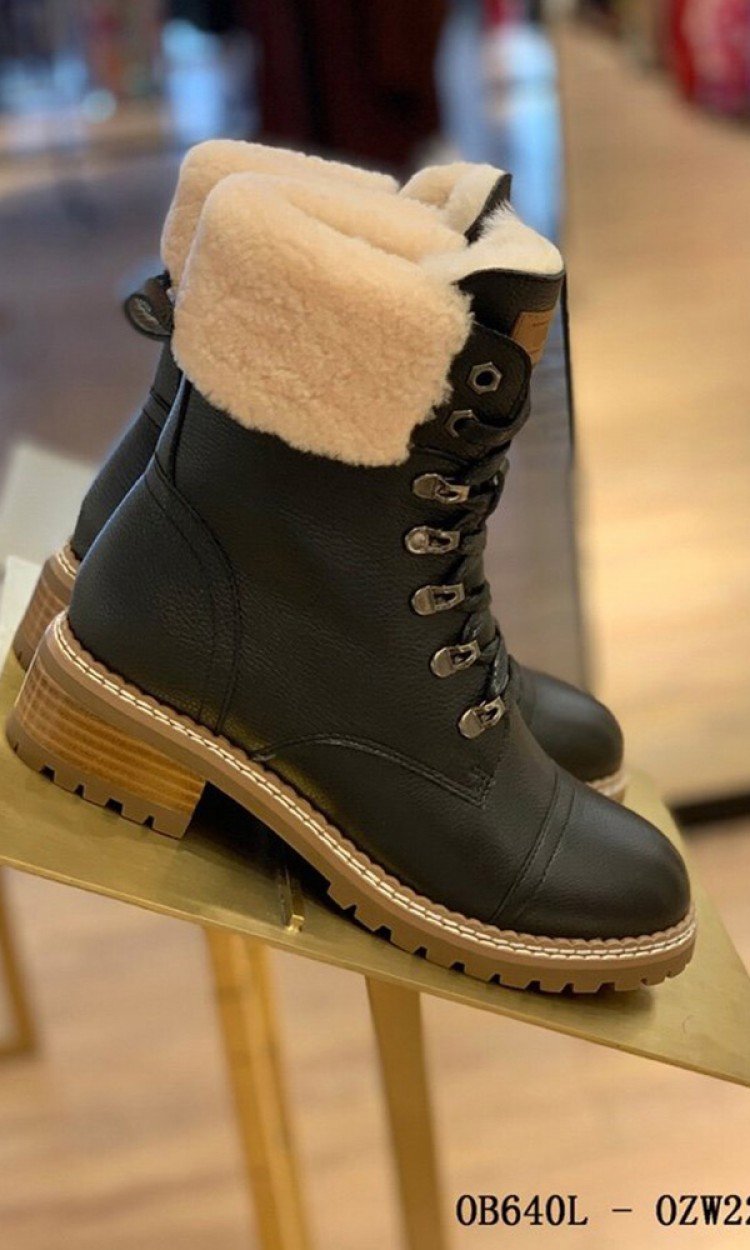 【OZWEAR】OZW227L马丁靴女冬羊毛厚底粗跟保暖防滑系带（中国仓）